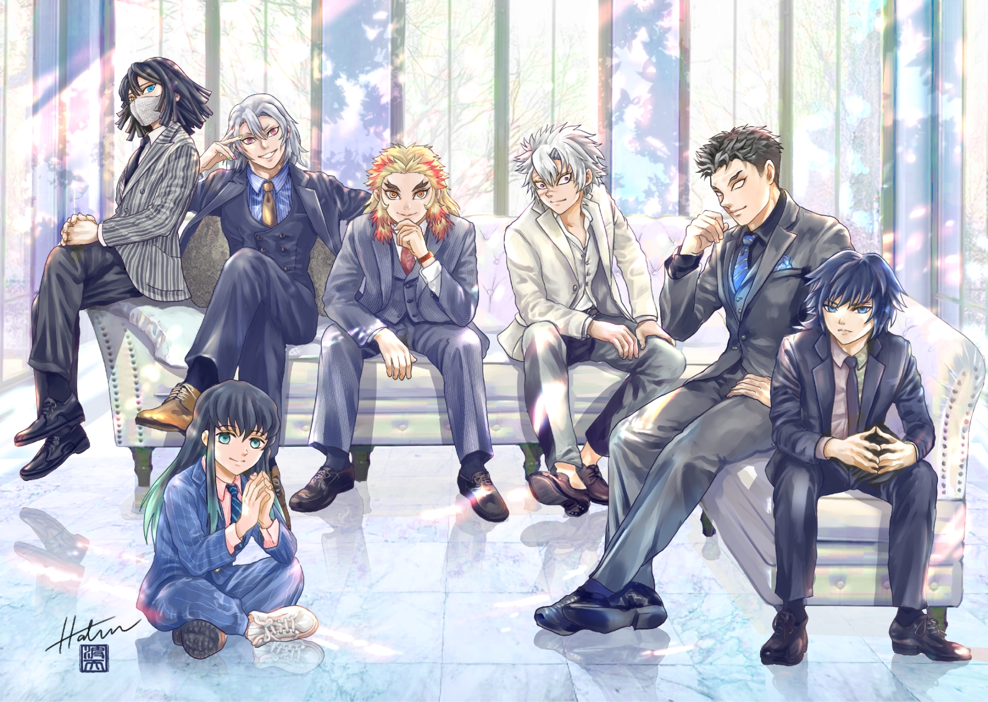 Anime HD PC desktop wallpaper featuring the main characters from Demon Slayer: Kimetsu no Yaiba in stylish suits against a bright, floral background.