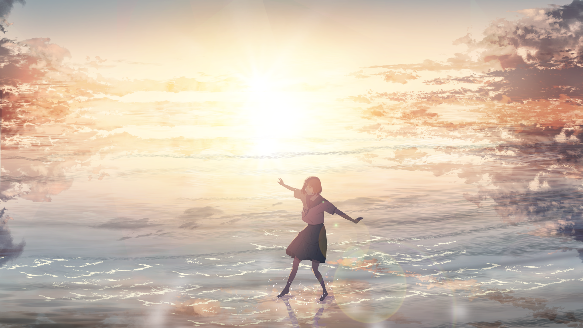 4K Ultra HD PC desktop wallpaper: anime girl standing on a glassy shoreline at sunset, pastel sky and shimmering water reflections.