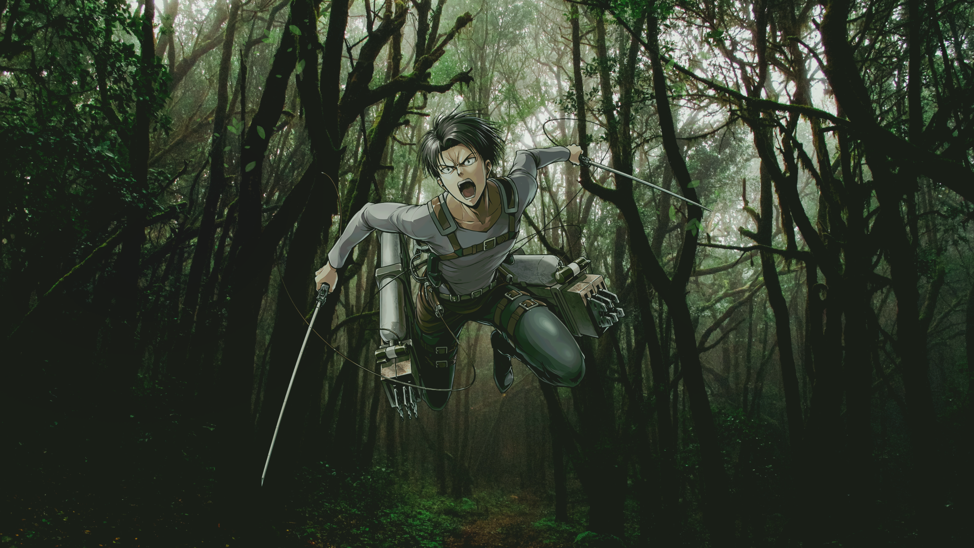 Levi Ackerman from Attack on Titan in dynamic mid-air pose wielding blades, set against a dark, dense forest background in 4K Ultra HD quality.