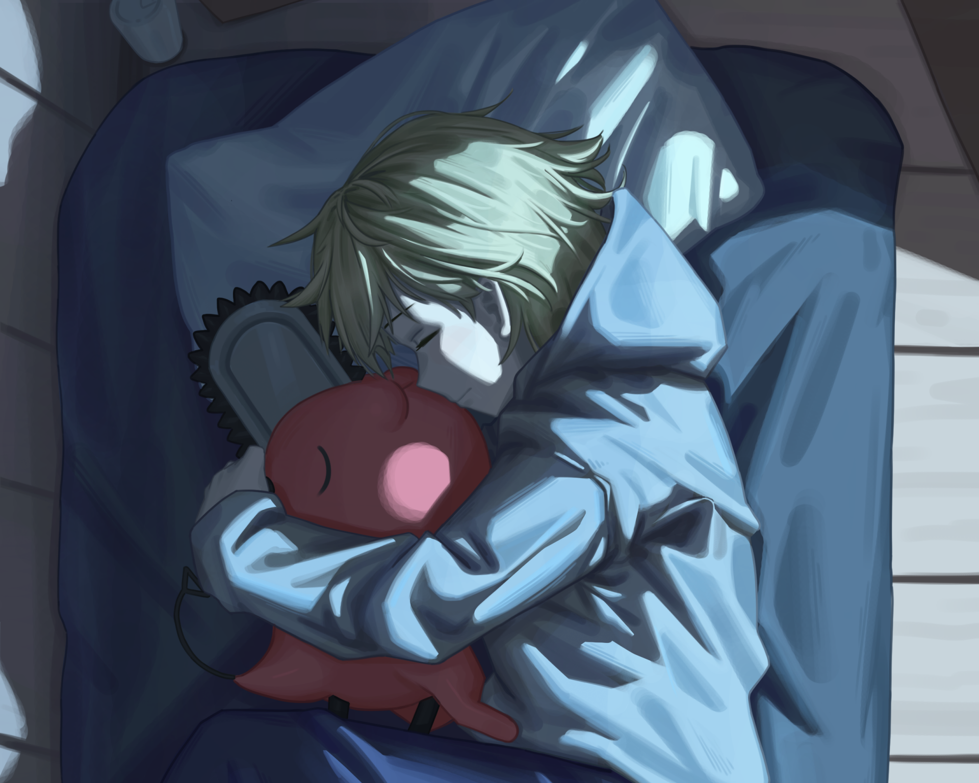 HD PC desktop wallpaper — Chainsaw Man: Denji sleeps curled on a couch clutching Pochita under soft blue light, anime-style art.