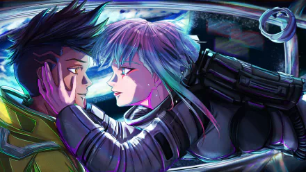 Lucy and David from Cyberpunk: Edgerunners share an intense moment inside a futuristic vehicle in this 4K Ultra HD anime wallpaper.