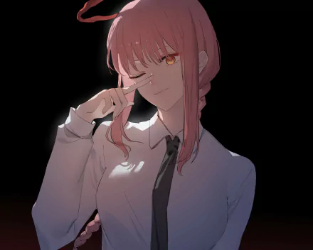 Makima (Chainsaw Man) from the anime gazes with a knowing smile, hand near her eye, in a moody portrait rendered as a 4K Ultra HD PC desktop wallpaper background.