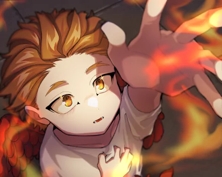 HD PC desktop wallpaper of Keigo Takami (Hawks) from My Hero Academia: anime-style close-up reaching forward amid glowing embers and warm light.