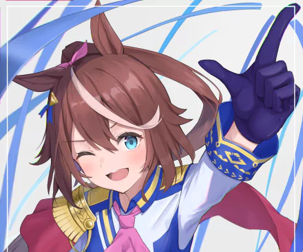 Tokai Teio from Uma Musume: Pretty Derby winking and pointing in a blue-and-white racing-inspired outfit, vibrant 4K Ultra HD PC desktop wallpaper/background.