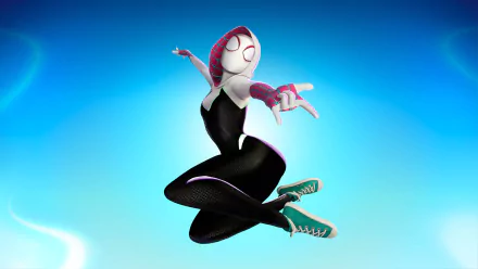 Gwen Stacy from the Fortnite video game in a dynamic mid-air pose, wearing a black-and-white suit and teal sneakers against a bright blue gradient — HD PC desktop wallpaper.
