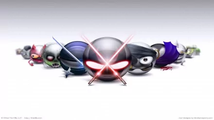 HD PC desktop wallpaper featuring a lineup of funny, smiley 3D characters with glowing eyes and playful expressions on a soft gradient background.