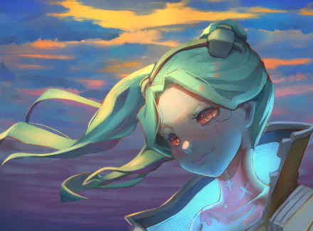 HD anime desktop wallpaper featuring Rebecca from Cyberpunk: Edgerunners with teal hair and glowing accents against a vibrant sunset sky.