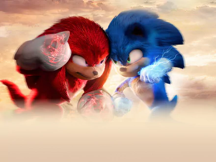 Knuckles the Echidna and Sonic the Hedgehog face off in a dynamic 4K Ultra HD wallpaper from the Sonic the Hedgehog 2 movie, with glowing energy effects.