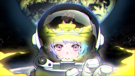4K Ultra HD anime wallpaper featuring Lucy from Cyberpunk: Edgerunners in a detailed space helmet with a glowing yellow hue and cosmic background.