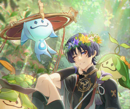 HD PC desktop wallpaper featuring Scaramouche from Genshin Impact surrounded by cheerful Aranara creatures in a bright, lush forest setting.