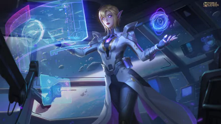 Futuristic elf-like hero from the video game Mobile Legends: Bang Bang stands in a starship lab, manipulating holographic interfaces — HD PC desktop wallpaper and background.