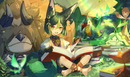 Tighnari from Genshin Impact reads a book surrounded by glowing butterflies and magical creatures in this vibrant 4K Ultra HD PC desktop wallpaper.