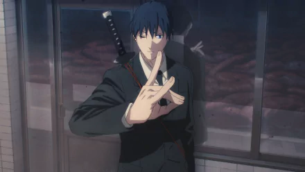 Aki Hayakawa (Chainsaw Man) anime HD PC desktop wallpaper: he stands in a dark corridor in a suit, sword on his back, forming a hand seal.