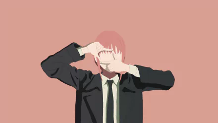 Stylized anime portrait of Makima (Chainsaw Man) in a suit shielding her eyes with both hands against a muted pink backdrop — 4K Ultra HD PC desktop wallpaper/background.