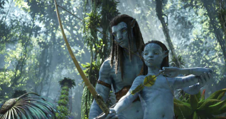 HD desktop wallpaper from the movie Avatar: The Way of Water featuring two blue-skinned Na'vi characters in a lush forest setting, one teaching the other to use a bow and arrow.