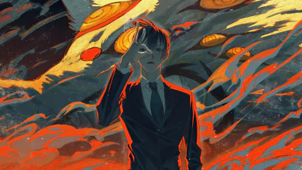 Aki Hayakawa from Chainsaw Man depicted with the Fox Devil, rendered in vivid 8K Ultra HD anime style for a dynamic PC desktop wallpaper.