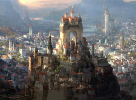 HD fantasy cityscape depicting a majestic castle atop a hill, surrounded by sprawling urban architecture under a soft, glowing sky, designed as a PC desktop wallpaper.