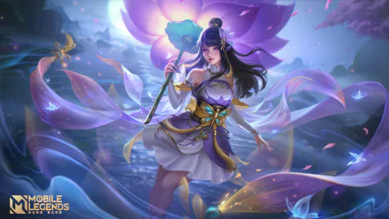 Mobile Legends: Bang Bang HD PC desktop wallpaper showing a female hero in flowing purple-white robes holding a lotus parasol, surrounded by glowing lotus petals over moonlit water.