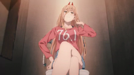 HD anime desktop wallpaper featuring Power from Chainsaw Man, depicted sitting confidently with a casual red sweater marked 761.