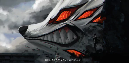 HD wallpaper featuring Aki Hayakawa and the Fox Devil from the anime Chainsaw Man. The Fox Devil's menacing eyes and sharp teeth dominate the dark, stormy background.