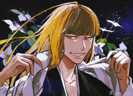 Shinji Hirako (Bleach) smirking and pulling open his coat among white flowers under a starry sky — vibrant 4K Ultra HD anime PC desktop wallpaper/background.