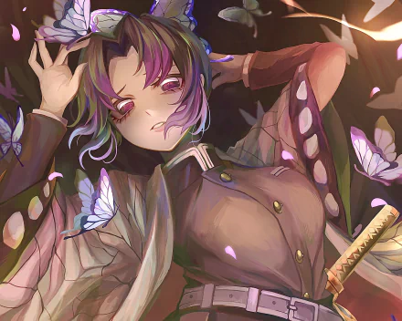 HD anime desktop wallpaper featuring Shinobu Kocho from Demon Slayer: Kimetsu no Yaiba, surrounded by butterflies and soft lighting.