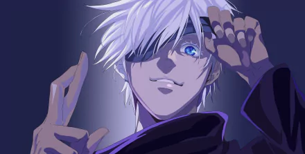 Satoru Gojo from Jujutsu Kaisen in vibrant anime style, featured in a 4K Ultra HD PC desktop wallpaper with striking blue and purple tones.