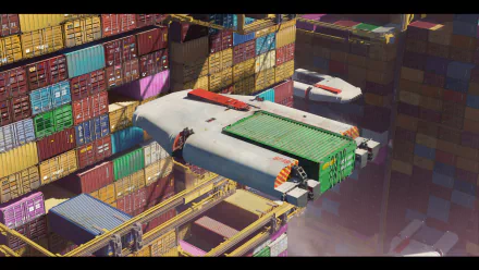 HD desktop wallpaper featuring a sci-fi spaceship navigating through a maze of colorful cargo containers.