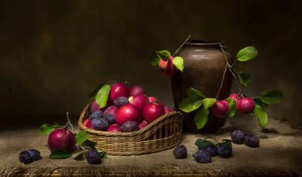HD PC desktop wallpaper: still life of plums — ripe fruit in a wicker basket and scattered on a rustic table beside an earthenware jug, accented by green leaves and soft lighting.