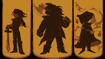 HD PC desktop wallpaper featuring silhouettes of Ralsei, Susie, and Kris from the video game Deltarune against a warm, orange background.