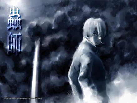 HD PC desktop wallpaper of Ginko (Mushishi) from the anime Mushishi — pale, white-haired wanderer turning in misty, monochrome woods lit by a single vertical beam.