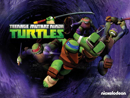 Teenage Mutant Ninja Turtles TV show 2K Quad HD PC desktop wallpaper: four turtles in action with weapons leaping from a purple vortex background.