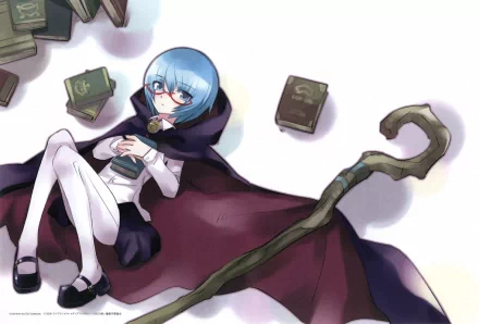 A character from Zero no Tsukaima lounges on the floor, surrounded by books, wearing a dark cape and glasses, exuding a whimsical yet studious aura. Anime-inspired HD wallpaper.