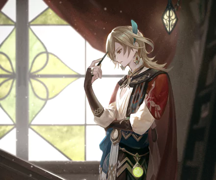 HD PC desktop wallpaper of Kaveh from the video game Genshin Impact — blond musician in layered robes posing thoughtfully by a stained-glass window.