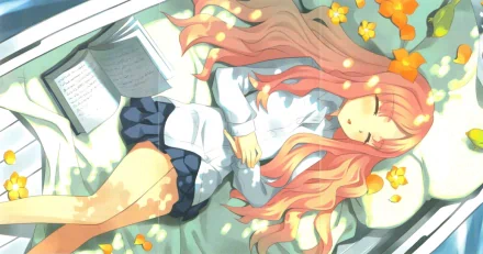A serene HD wallpaper featuring a character from Zero no Tsukaima, peacefully resting among vibrant flowers and an open book, capturing a tranquil moment.