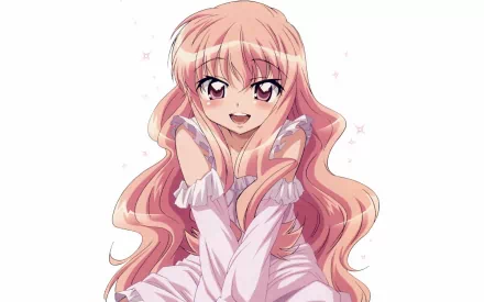 HD anime wallpaper featuring a smiling pink-haired female character from The Familiar of Zero with expressive eyes and flowing hair against a plain white background.