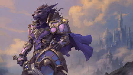 HD PC desktop wallpaper featuring a heroic armored character from the video game World of Warcraft against a cloudy sky and distant castle backdrop.