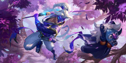 Master Yi from the League of Legends video game in stylized Legends of Runeterra art, leaping with glowing sword amid pink blossoms — HD PC desktop wallpaper background.