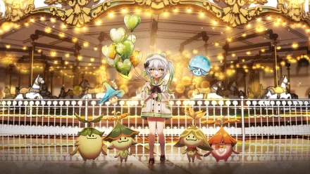 5K Ultra HD PC desktop wallpaper: Nahida (Genshin Impact) on a glowing carousel holding heart balloons, surrounded by Aranara creatures — vibrant video game Genshin Impact scene.