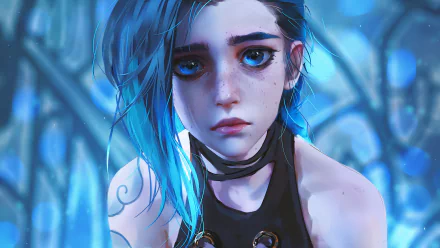 4K Ultra HD wallpaper featuring Jinx from League of Legends with striking blue hair and expressive eyes in a dynamic, video game-inspired style.