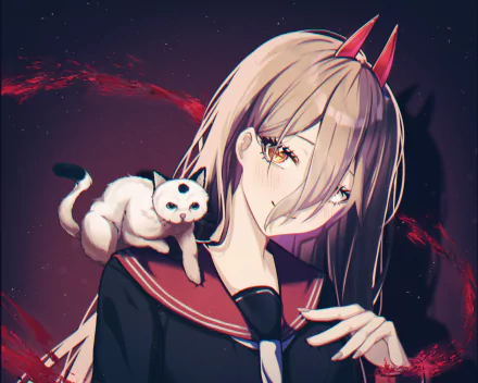 Power (Chainsaw Man) anime 2K Quad HD PC desktop wallpaper: close-up of Power with her white cat on her shoulder against a dark red swirled background.