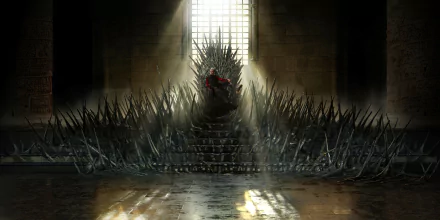 House of the Dragon (TV show) 2K Quad HD PC desktop wallpaper: cloaked figure atop the Iron Throne in a sunlit, shadowed Great Hall, spikes reflected on the wet stone floor.