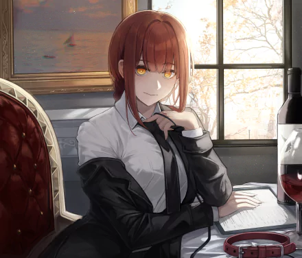 Makima (Chainsaw Man) anime portrait with golden eyes at a sunlit table, tie loosened, wine glass nearby — 2K Quad HD PC desktop wallpaper and background.