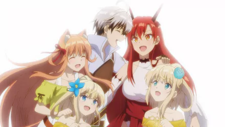 A vibrant HD wallpaper featuring Sora, Runa, Kanade, Tania, and Rein Shroud, all characters from the anime Beast Tamer, in a cheerful and dynamic pose.