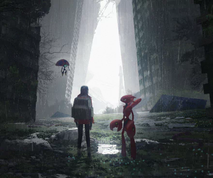 HD PC desktop wallpaper featuring a Pokémon scene with a human character and a Pokémon standing in a rainy, post-apocalyptic urban environment.