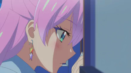 Close-up of Akari Watanabe, a pink-haired anime girl with star earrings, peeking and blushing at a doorframe — HD PC desktop wallpaper from More Than a Married Couple, But Not Lovers.