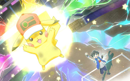 HD anime-style PC wallpaper featuring Ash Ketchum and Pikachu in an electrifying battle scene with dynamic lightning effects from the Pokémon series.