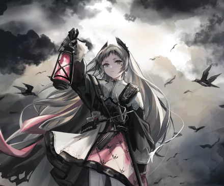 Irene (Arknights), from the video game Arknights, holds a glowing red lantern amid stormy clouds and circling birds — HD PC desktop wallpaper/background.