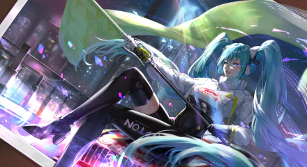 8K Ultra HD PC desktop wallpaper: Hatsune Miku (Vocaloid) anime scene, reclining with teal twin-tails and umbrella amid neon futuristic city lights.