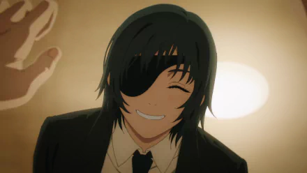 HD anime desktop wallpaper featuring Himeno from Chainsaw Man, smiling with her eyepatch and dark hair against a warm, softly lit background.